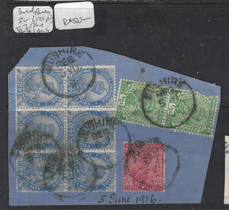 INDIA   (P0308BB)  KGV  2 1/2A BL OF 6+1/2AX2+1A PIECE FROM BUSHIRE SON CDS  VFU