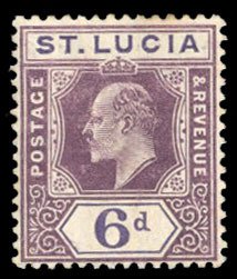 St. Lucia #54 Cat$27.50, 1905 6p violet and deep violet, hinged, faint toned ...