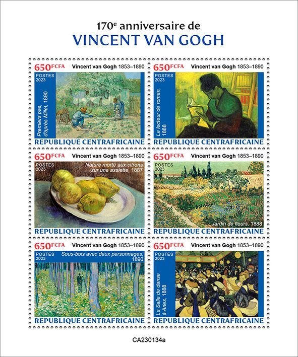 C A R - 2023 - Vincent van Gogh - Perf 6v Sheet - Mint Never Hinged