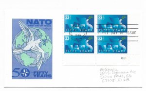 US 3354 33c NATO 50th Anniversary pl # blk 4 on FDC Artmaster Cachet ECV $15.00