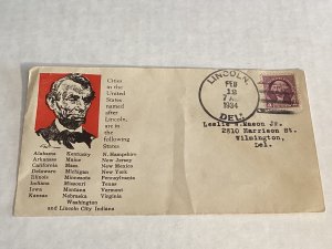 2/12/1934 Lincoln Del cover scarce cachet States in US w/cities named Lincoln