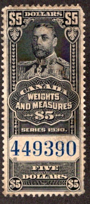 van Dam FWM70, $5 Black, used, 1930 KGV, Canada Weights and Measures Revenue