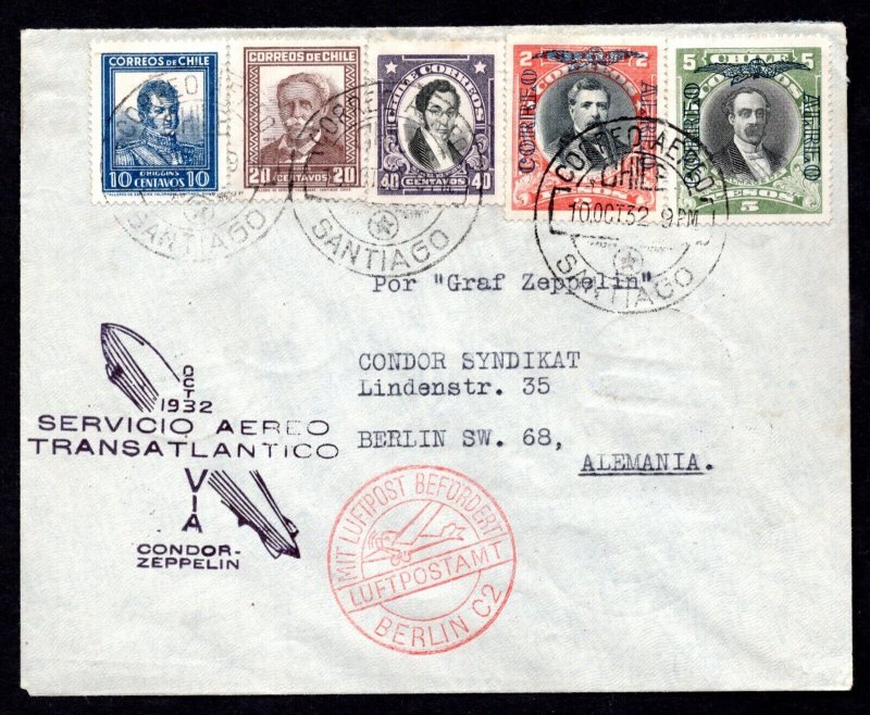 CHILE TO GERMANY 1932 CONDOR ZEPPELIN FLIGHT COVER SANTIAGO TO BERLIN