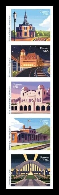 US 5758a-5762a 5762c Railroad Stations imperf NDC strip A (5 stamps) MNH 2023 