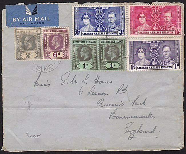 GILBERT & ELLICE 1938 airmail front with GV 3/1½d franking ex Ocean Is....68838