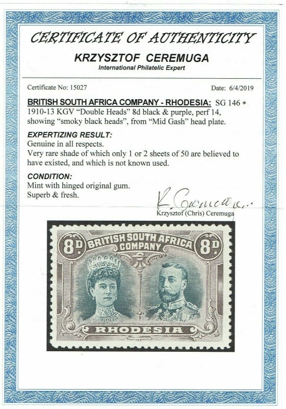 RHODESIA 1910 KGV DOUBLE HEAD 8D BLACK AND PURPLE WITH CERTIFICATE PERF 14 