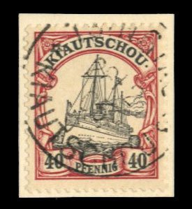 German Colonies, Kiauchau #16 Cat$21, 1901 40p lake and black, used on piece