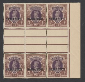 India, Nabha Sc 82 MNH. 1938 2r KGVI bicolor, gutter block of 6, fresh, VF.