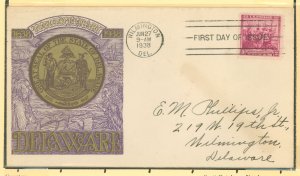 US 836 1938 3c Delaware Tercentenary on a possible George Richardson FDC with a purple & gold cachet