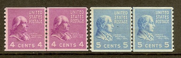 Scott #'s 843 & 845, Coil Line Pairs, F-VF Centering, MNH
