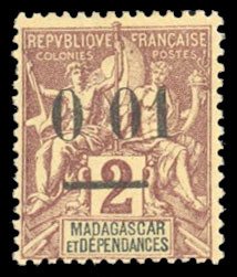 French Colonies, Madagascar #51d Cat$210, 1902 0 01 on 2c claret, comma omitt...