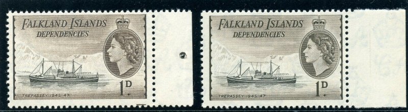 Falkland Islands Dep 1962 QEII 1d showing both printings MNH. SG G27, G27b.