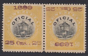 Venezuela 1899 25c on 50c o/p invert pair. M Mint. Scott O8a, SG O189Aa FORGERY