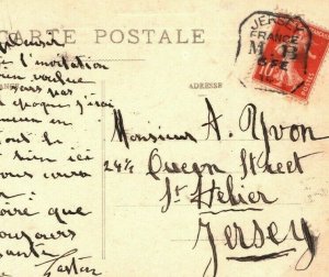 Channel Islands Cover JERSEY MOBILE BOX Paquebot FRANCE Postmark Card 1914 J01b