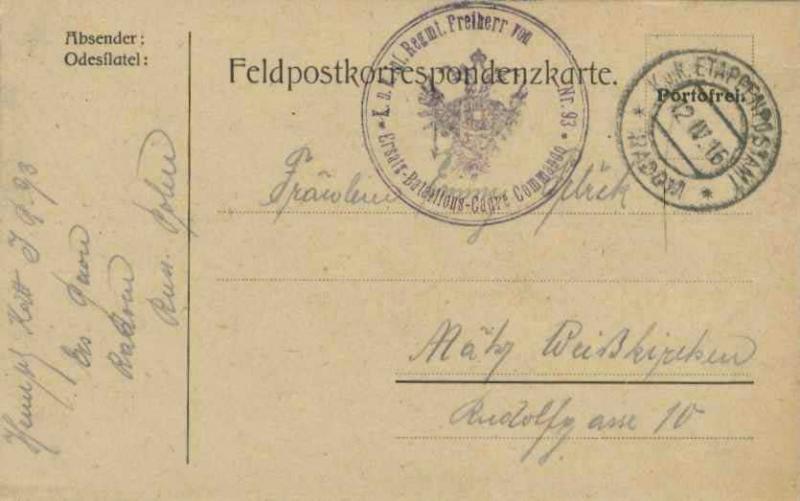 Austria Soldier's Free Mail 1916 K.u.k. Etappenpostamt, Radom to Hranice, Mor...