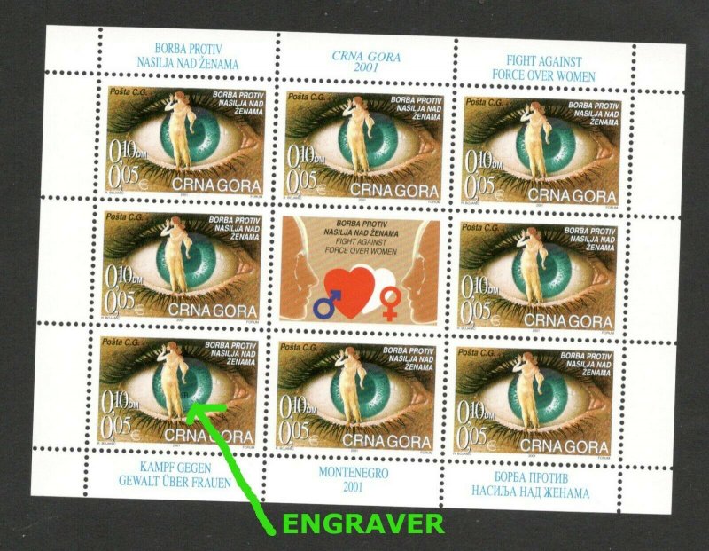 MONTENEGRO - MNH SMALL SHEET - FIGHT AGAINST FORCE OVER WOMEN - ENGRAVER - 2001.