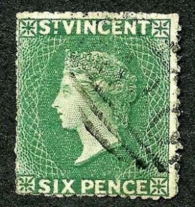 St Vincent SG4 1862 6d Deep Green No Wmk Rough Perf 14 to 16