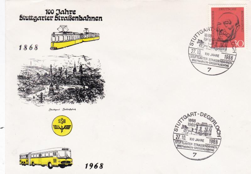 West Germany 1968 100th anniversary of Transport in Stuttgart FDC Unadressed VGC