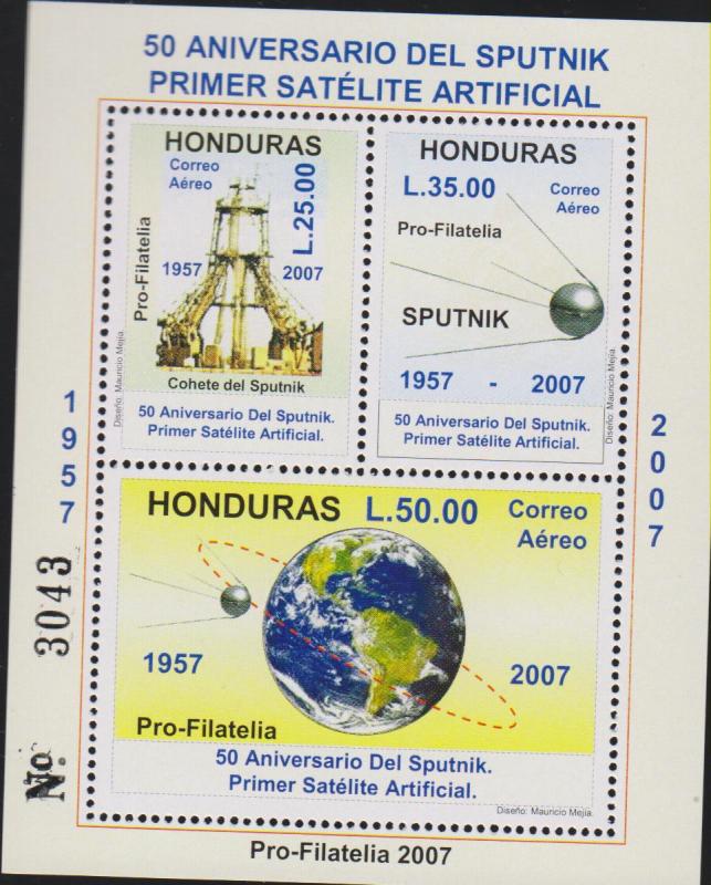 E) 2007 HONDURAS, 50TH ANNIV OF THE SPUTNIK SATELLITE, PLANET, SPACE, S/S, BLOCK