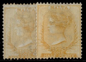 MALTA QV SG10 + 13, ½d SHADE VARIETIES, M MINT. Cat £235.