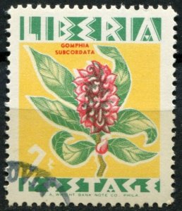 Liberia Sc#351 Used, 7c emrld, yel & car, Flowers (1955) (1955)
