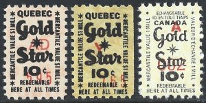 Canada | Quebec 1961-65 Trading and Receipt GOLD STAR 3 Diff. Cinderellas VF-NH-