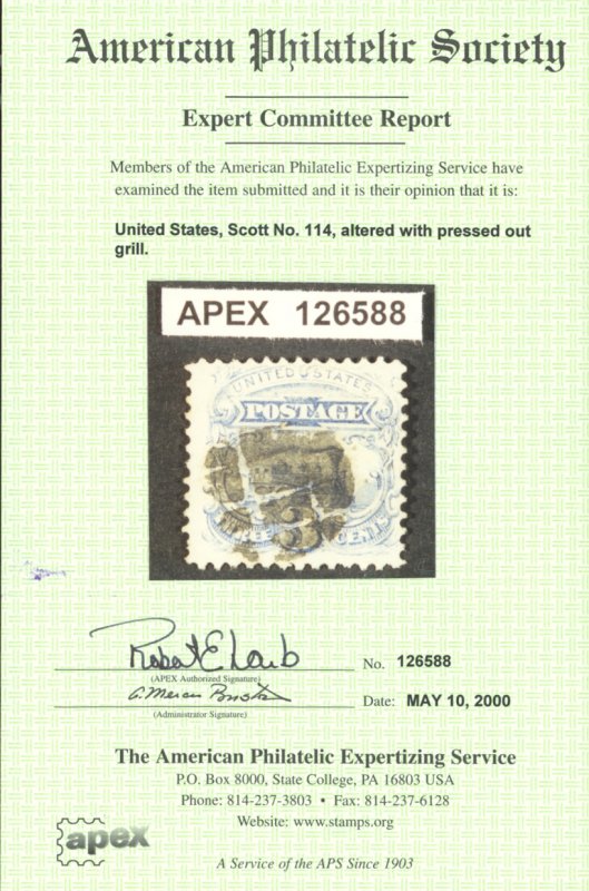 U.S. #114 USED WITH APS CERT