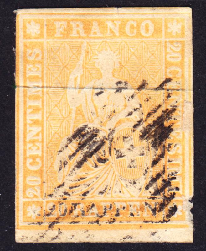 Switzerland Scott 23  Fine used with obvious horiz. silk thread.