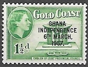 Ghana 1957 Queen Elizabeth, independence overprint, 1-1/2p, mlh, Scott #7