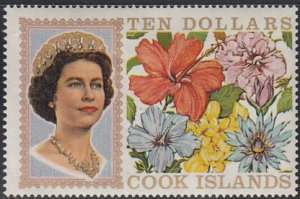 Cook Islands 1967-69 MH Sc #220 $10 Queen Eliabeth II, flowers