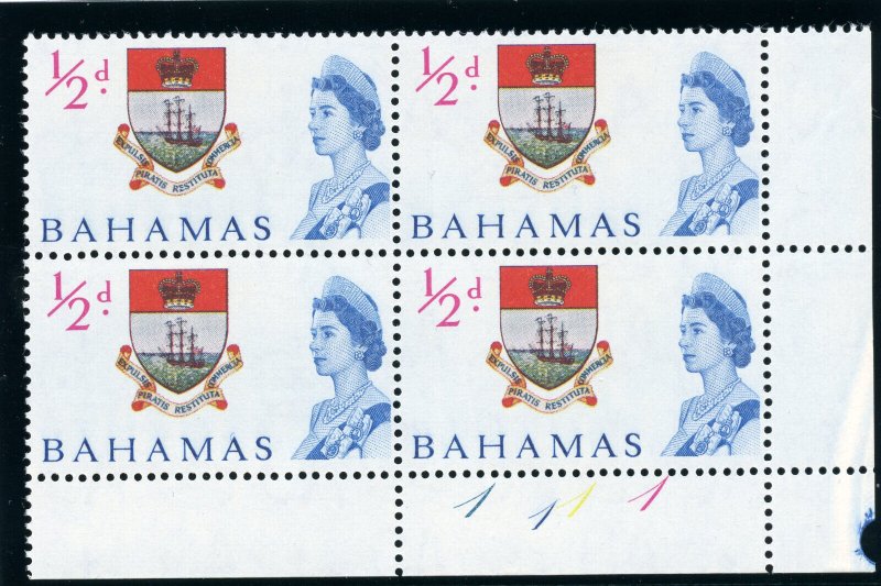Bahamas 1965 QEII ½d multicoloured plate block of four superb MNH. SG 247.
