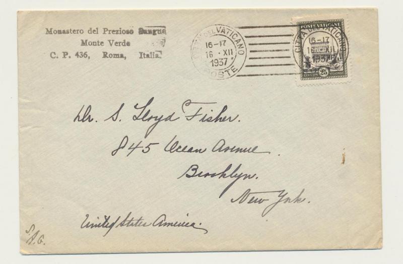 VATICAN -USA 1937 cover, MONASTERO del PRAZIOSE SANGUA 25c RATE (SEE BELOW)