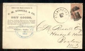 1869 RUSSELL DRY GOODS ad, blue HANCOCK HOUSE-BOSTON arr. 3¢ tied WILMINGTON VT