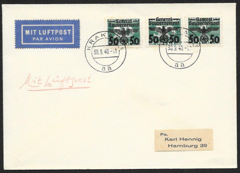 POLAND Sc# N51, N53, N55 Cover canceled 1940 Krakau to Hamburg