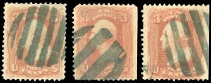 Scott #94, LOT/3 Different Well Struck CIRCULAR GRID Fancy Cancels! SCV $37.50