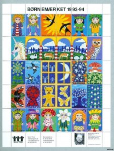 Denmark. Poster Stamp Sheet Mnh 1993-94. Borns Vilkaar. Owl,Sun,Star,Butterfly.