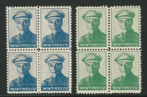 J.N.F., 1945, Kaplove #788-789, blue and green, blks of 4, NH, Joseph Trumpeldor