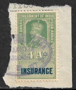 INDIA 1926 KGV 4a INSURANCE Revenue BFT. 24 VFU on Piece