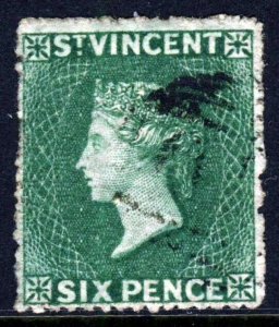 ST. VINCENT QV 1862 Six Pence Deep Green No Watermark Rough Perf 15 SG 4 VFU