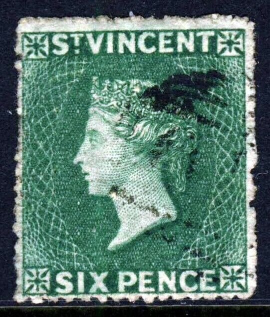 ST. VINCENT QV 1862 Six Pence Deep Green No Watermark Rough Perf 15 SG 4 VFU