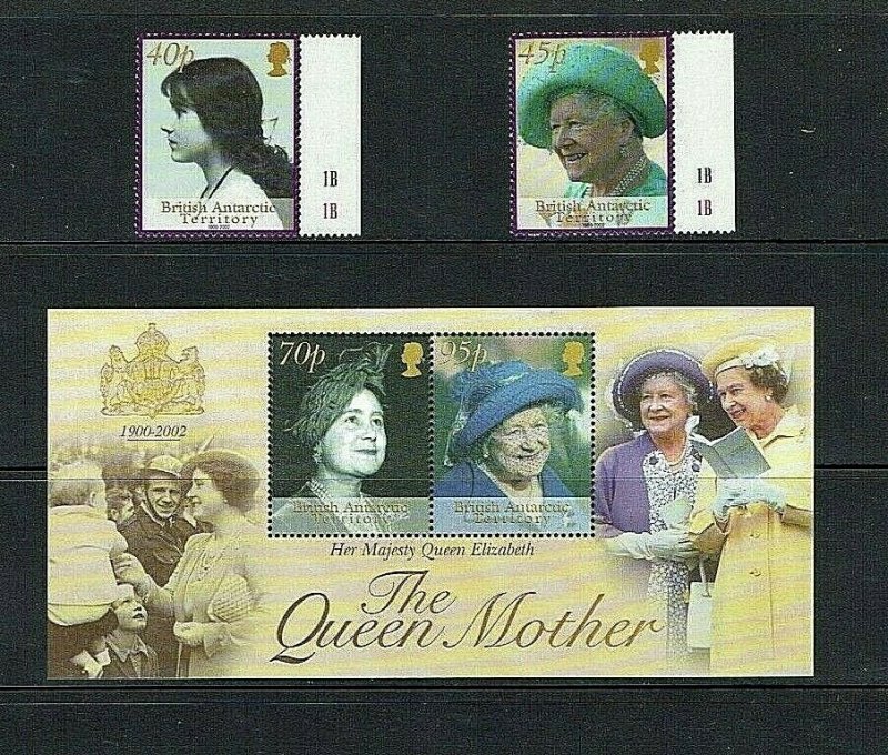 British Antarctic Territory: 2002  Queen Mother Commemoration,  MNH set + M/S