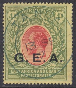 SG 58 Tanganyika 1917-21. 4e G.E.A. red & green/yellow. Very fine used with...