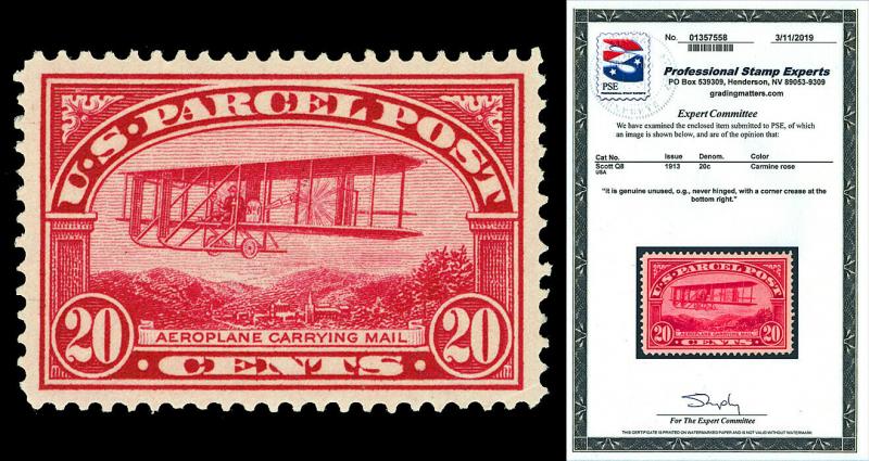 Scott Q8 1913 20c Parcel Post Issue Mint VF OG NH Cat $260 with PSE CERTIFICATE!
