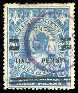 Niger Coast 1894 QV ½d on 2½d blue Position #4 OLD CALABAR cds VFU. SG 65.