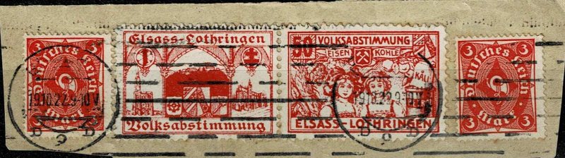 Germany 1922 Scott#186 used, Se-tenant referendum Alsace-Lorraine on piece