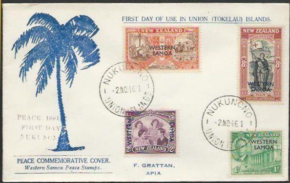 TOKELAU IS 1946 cover NUKUNONO / UNION ISLANDS cds, FDC Samoa Peace........11497