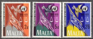 Malta 1970 25 Years of United Nation UNO set of 3 MNH