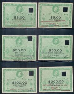 US #RX33/46, $3.00/$10,000.00 Distilled Spirits Tax stamps, 11 diff vals, used