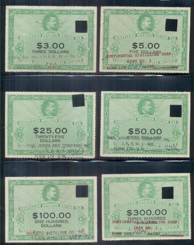US #RX33/46, $3.00/$10,000.00 Distilled Spirits Tax stamps, 11 diff vals, used