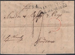 DEN 1839 Stampless Cover (folded letter) to Bordeaux DANEMARCK/PAR/HAMBOURG/..